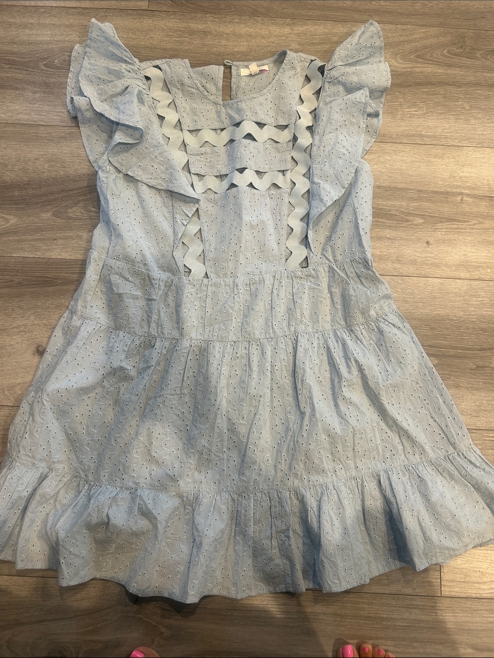 Anthropologie Rahi Light Blue Eyelet Ruffle Casual Cotton Dress size large